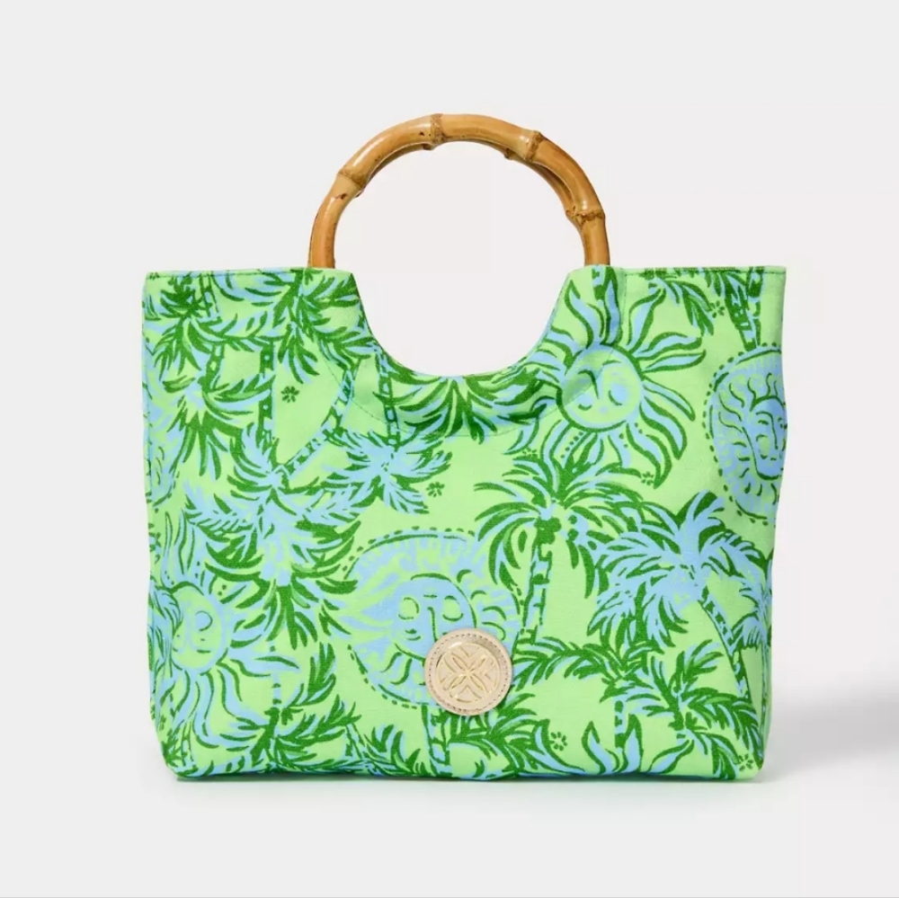 NWT Lilly Pullitzer Bamboo Handle Printed Bag In Cool Mint Catchin Rays